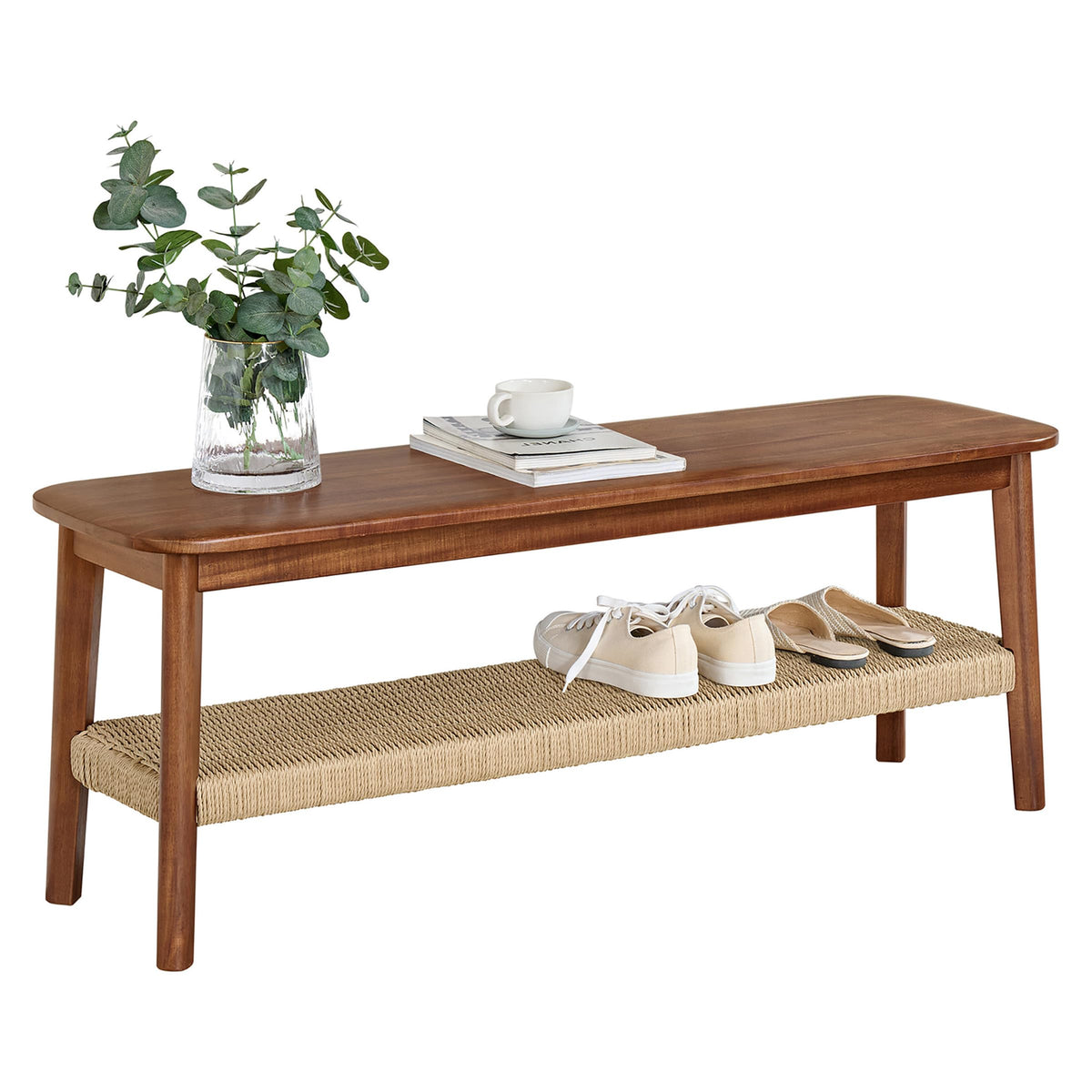 Solid Wood Entryway Bench with Woven Storage Shelf, Chestnut, 48” C35851