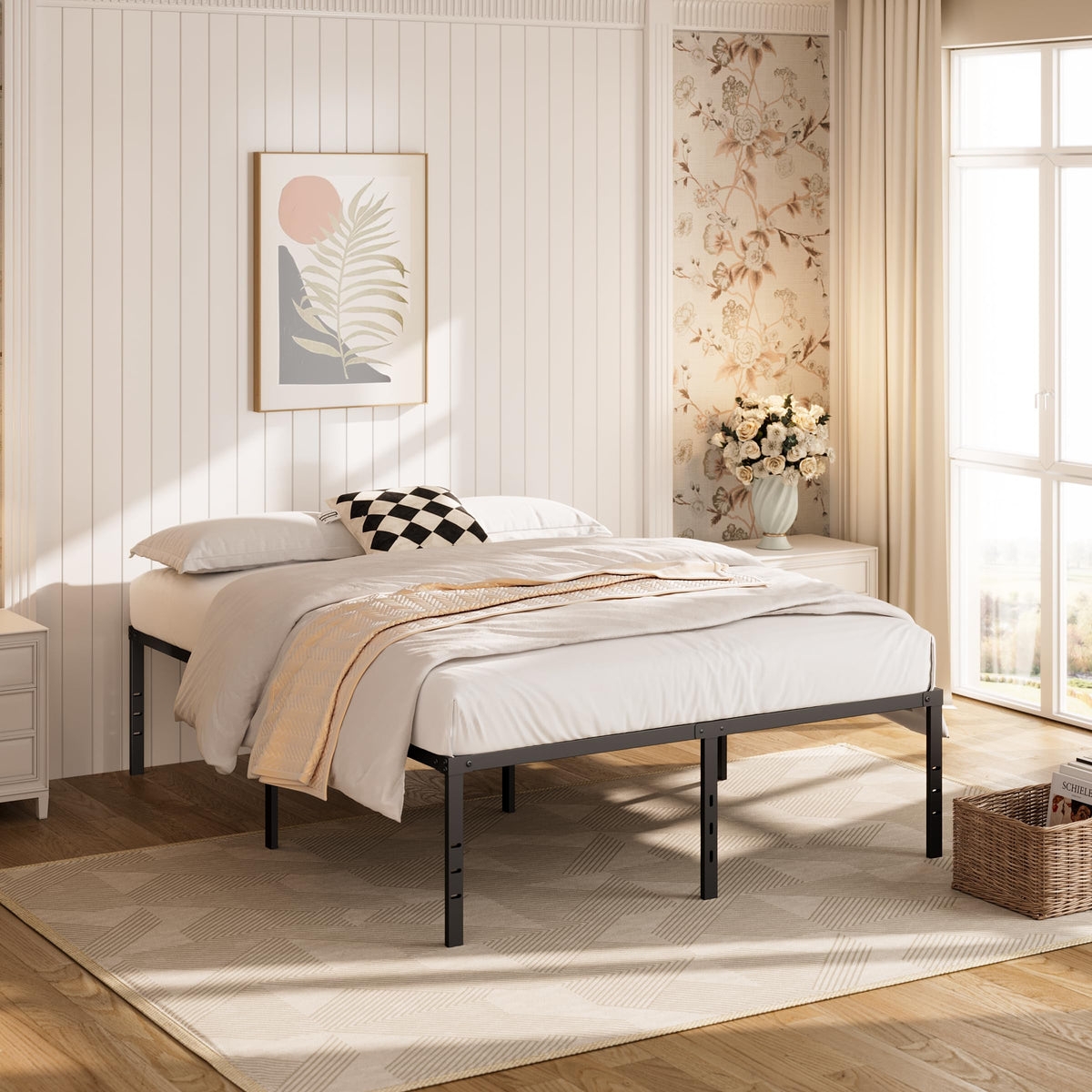 Queen Size Platform Bed Frame Steel Slat Support Black G3474