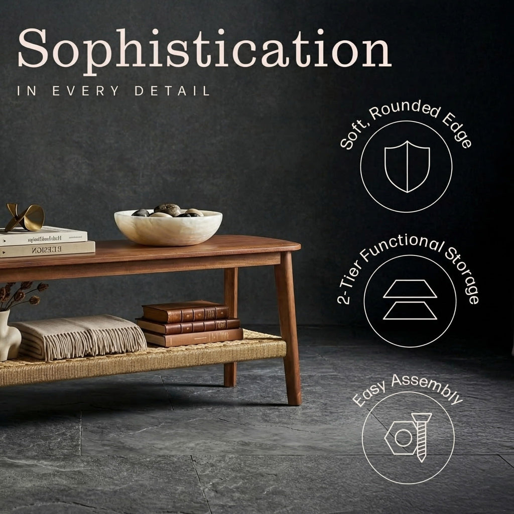 Solid Wood Entryway Bench with Woven Storage Shelf, Chestnut, 48” C35851