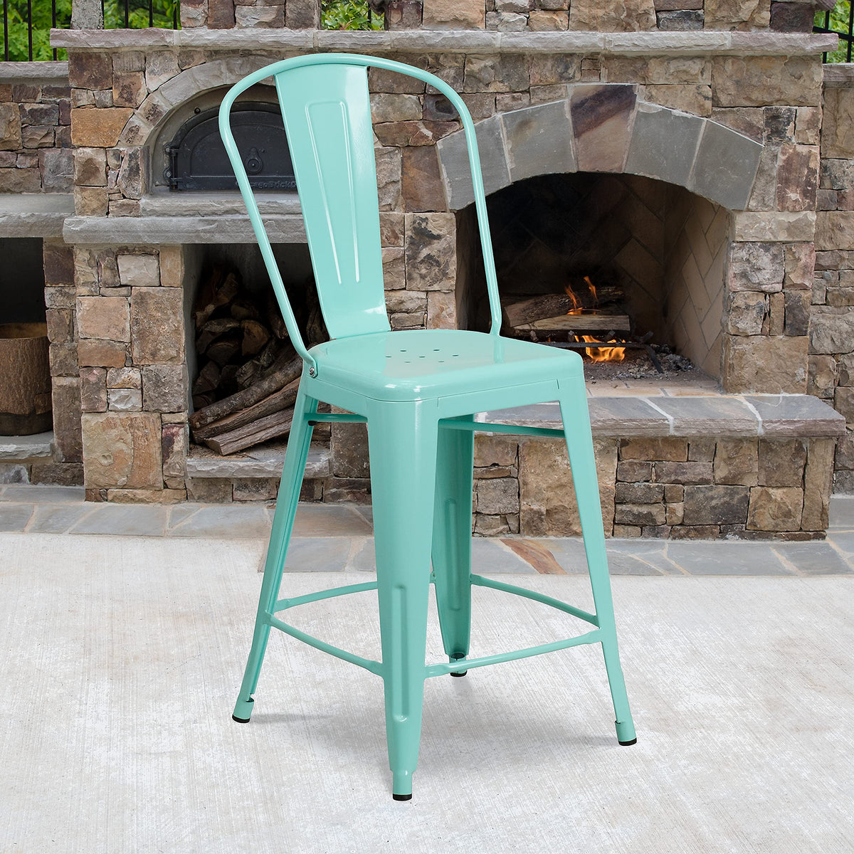 Mint Green Metal Counter Height Stool with Back F8661