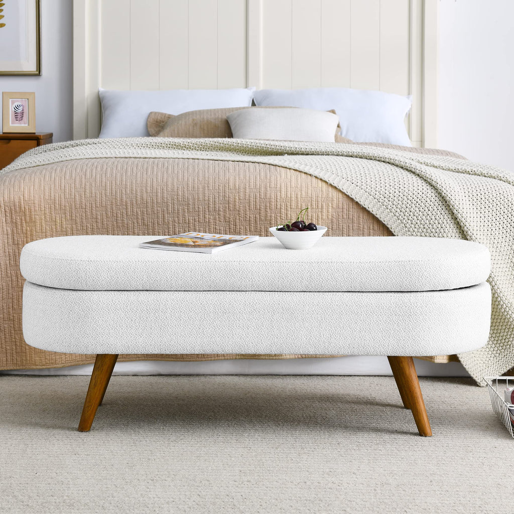 White Linen Fabric Upholstered Storage Bench with Solid Wood Legs N7251
