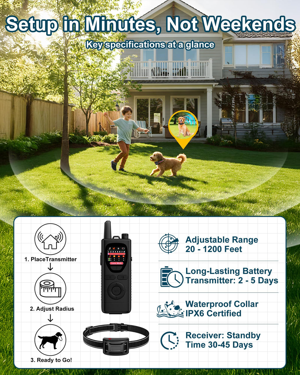 Wireless Dog Fence System 2-in-1 Pet Containment Training Collar IPX6 Waterproof Rechargeable Black Red X88172