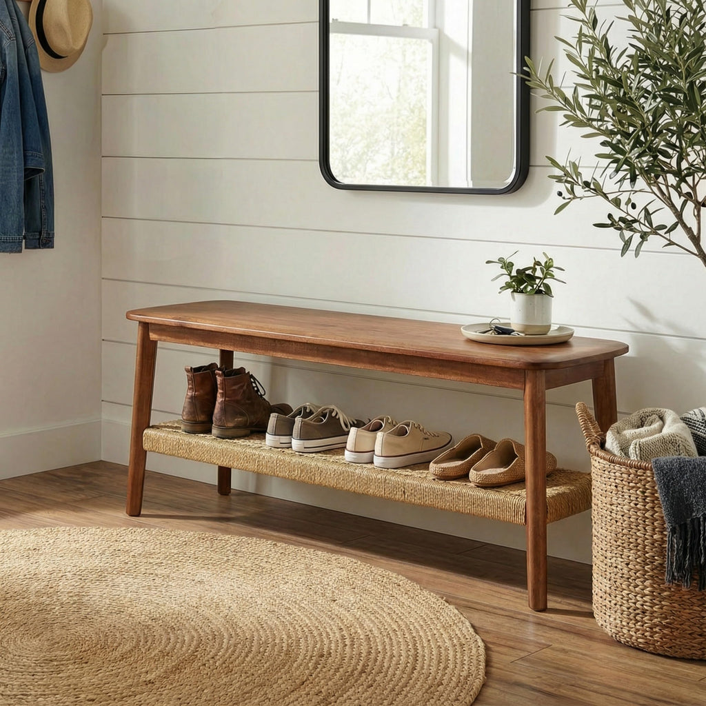 Solid Wood Entryway Bench with Woven Storage Shelf, Chestnut, 48” C35851