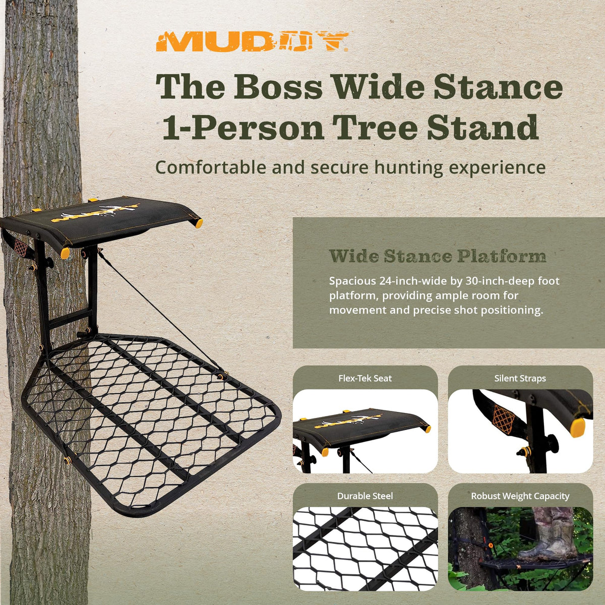 1-Person Tree Stand Platform & Set of 3 Climbing Sticks with Fold-Up Steps M304369