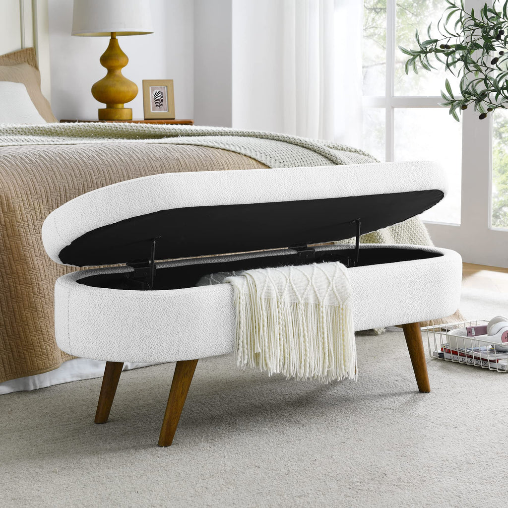 White Linen Fabric Upholstered Storage Bench with Solid Wood Legs N7251